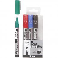 CC Glass &amp; Porcelain Marker, black, blue, green, red, line 1-2 mm, semi opaque, 4 pc/ 1 pack - #591742